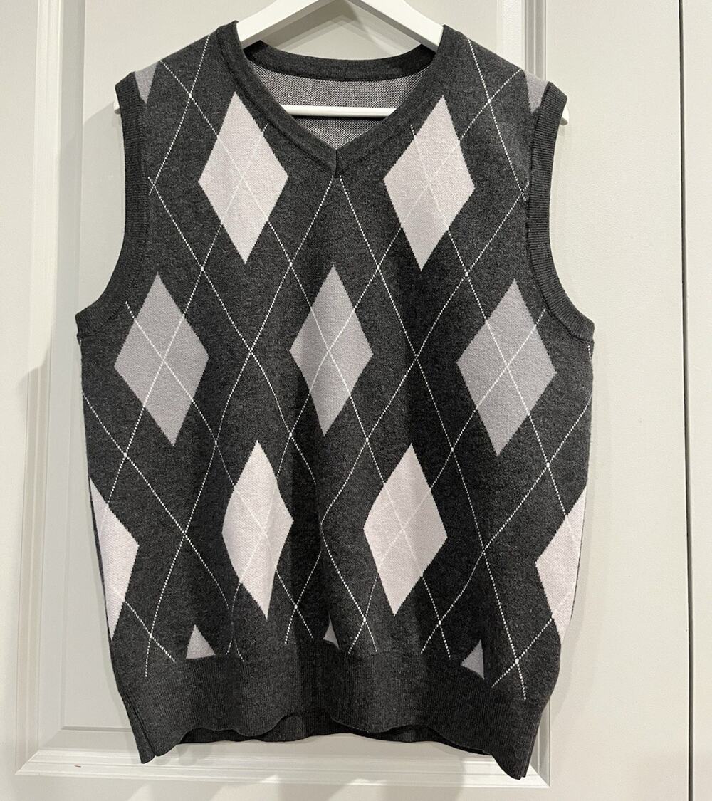 Men's Gray/White Argyle Knit Sweater Vest V-Neck Sleeveless Cotton M - A1